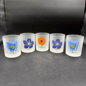Vintage Dartington Designs France Frosted Lowball Glass Set 5 Floral Whiskey